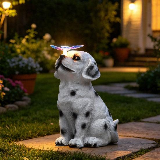 Solar Welpenstatue Licht, Garten gefleckter Hund Schmetterling Solarlicht, Outdoor niedliche Tier Skulptur Licht für Terrasse Rasen Hof