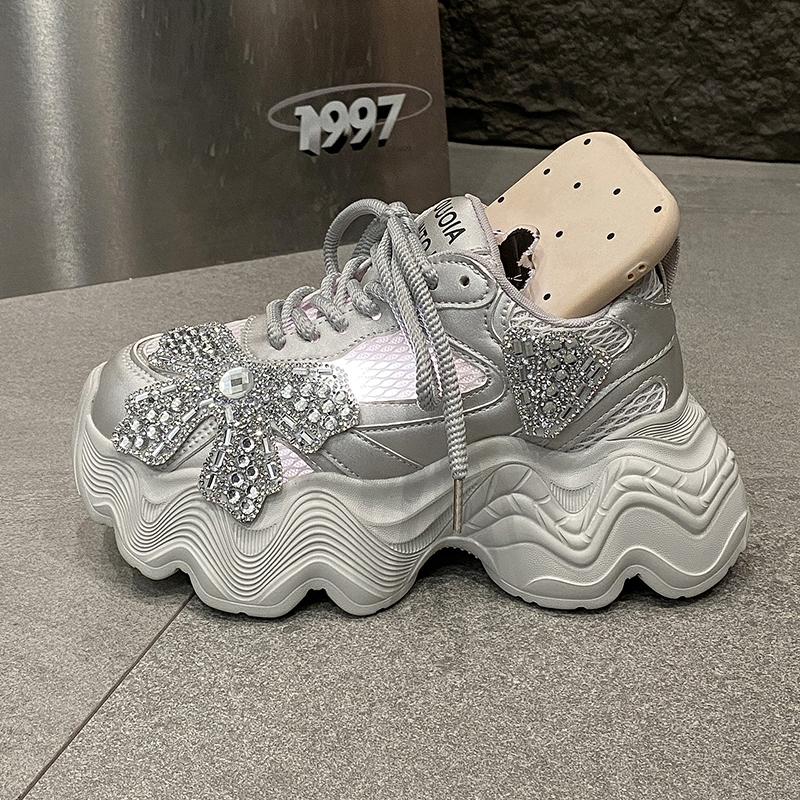 Fashion 8CM High Platform White Shoes Women New 2025 Summer Breathable Crystal Chunky Sneakers Designer Thick Sole Sports Shoes