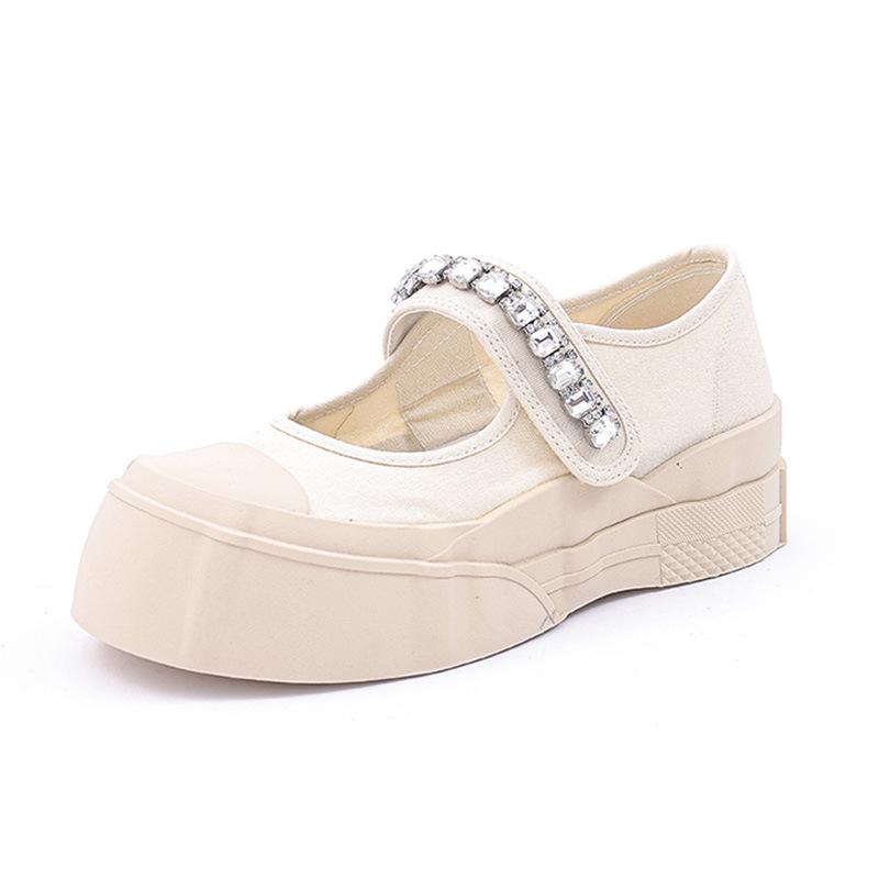 Rhinestone canvas sandals women's 2025 summer new big head Velcro Mary Jane sandals flat-bottomed small fragrant sandals