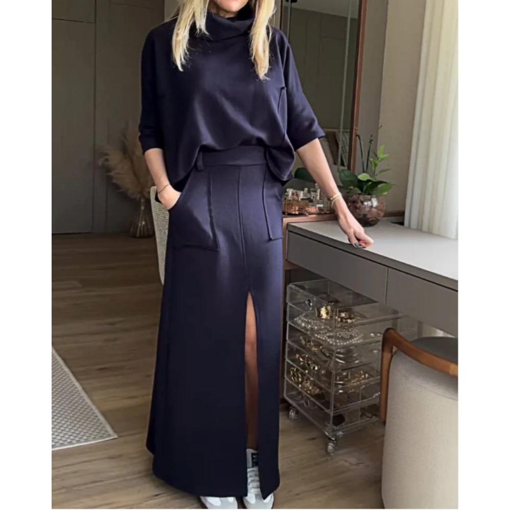 

Новый женский осенне-летний однотонный повседневный свободный свитшот с карманами и прямая юбка 3XL темно-синий