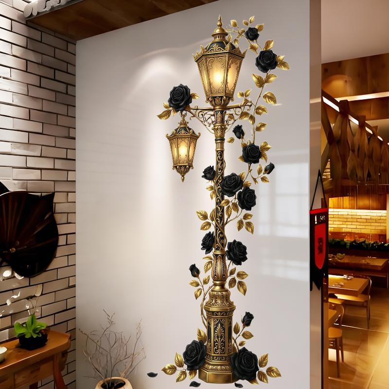 Vintage Street Lamp Wall Decal Red Rose Vine Self Adhesive For Living Room Bedroom Home Wall Decor