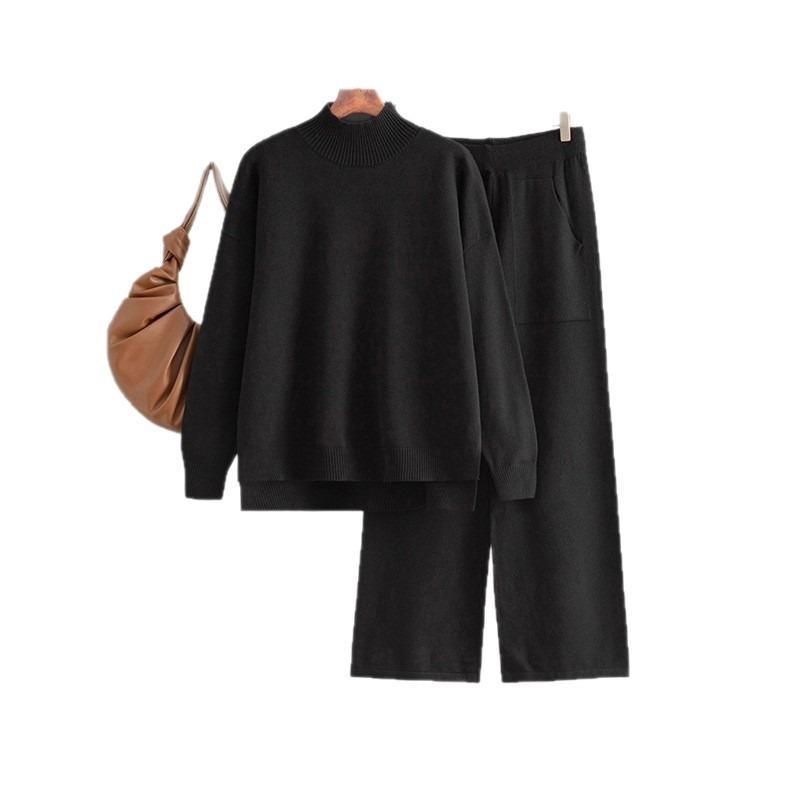 Solid Color Knitted Semi-turtleneck Slit Sweater Set Women's Autumn and Winter New Large Size Casual Knitted Sweater Two-piece Set
