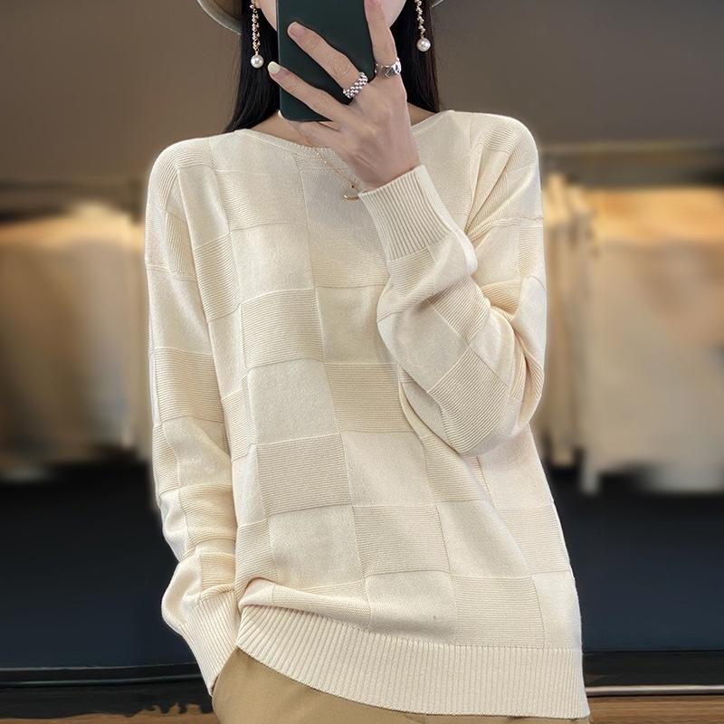 

Осень Зима Женский Хлопковый Мягкий Свитер Круглый Вырез Квадратный Узор Пуловер Свободный Модный Трикотаж Повседневный Базовый Топ XS бежевый