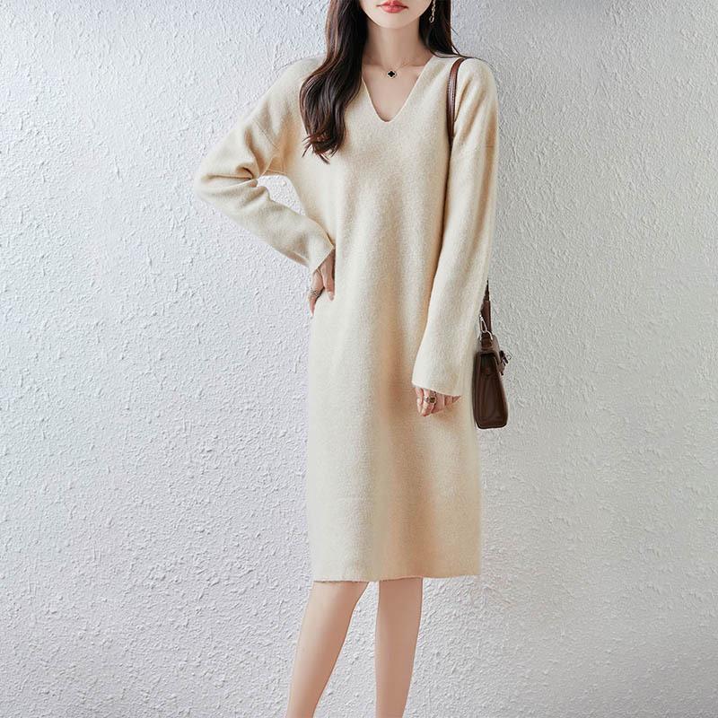 2025 Nowa Koreańska Sukienka Wełniana Dzianinowa o Długości Midi z Dekoltem V na Jesień i Zimę