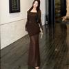 Women's Off-Shoulder Mesh Patchwork Pleated Dress - Slim Fit Waist-Cinching Long Skirt, Sexy Spring Style 