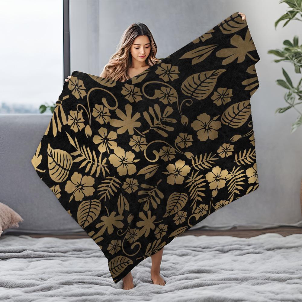 Black Floral Fleece Blanket with Golden Leaves Waterproof Warm Throw Bed Sofa Cover for Girls Teen Kids