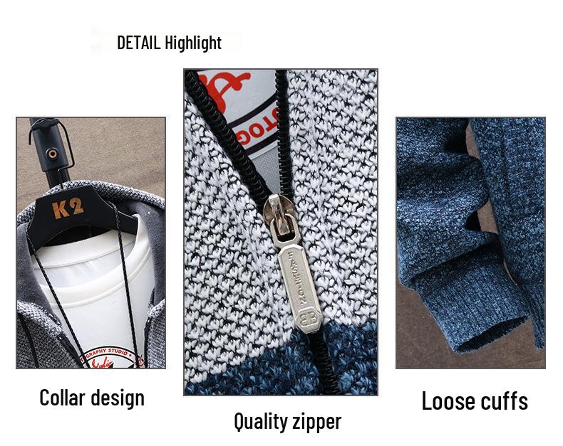 Cardigan a Maglia Grossa con Velluto Interno Sfumato da Uomo - Colore Blocco Moda, a Righe, Taglia Larga, per Primavera e Autunno