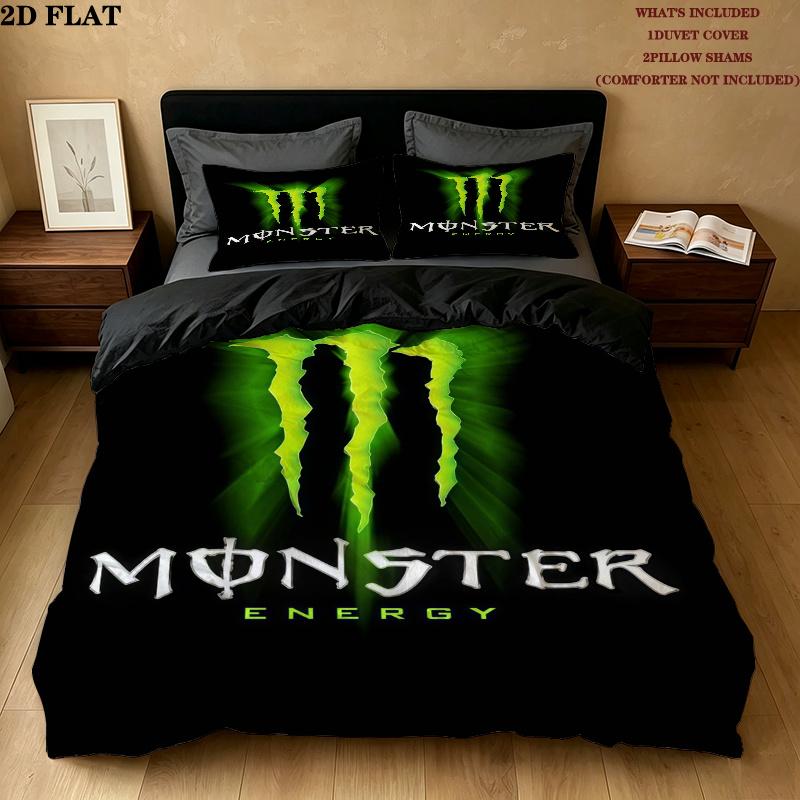 Monster Energy Povlečení Sada prošívaných přikrývek Povlak na přikrývku Povlak na polštář Domácí dekorace Narozeninový dárek (1 * povlak na peřinu + 2 * povlak na polštář, bez jádra)