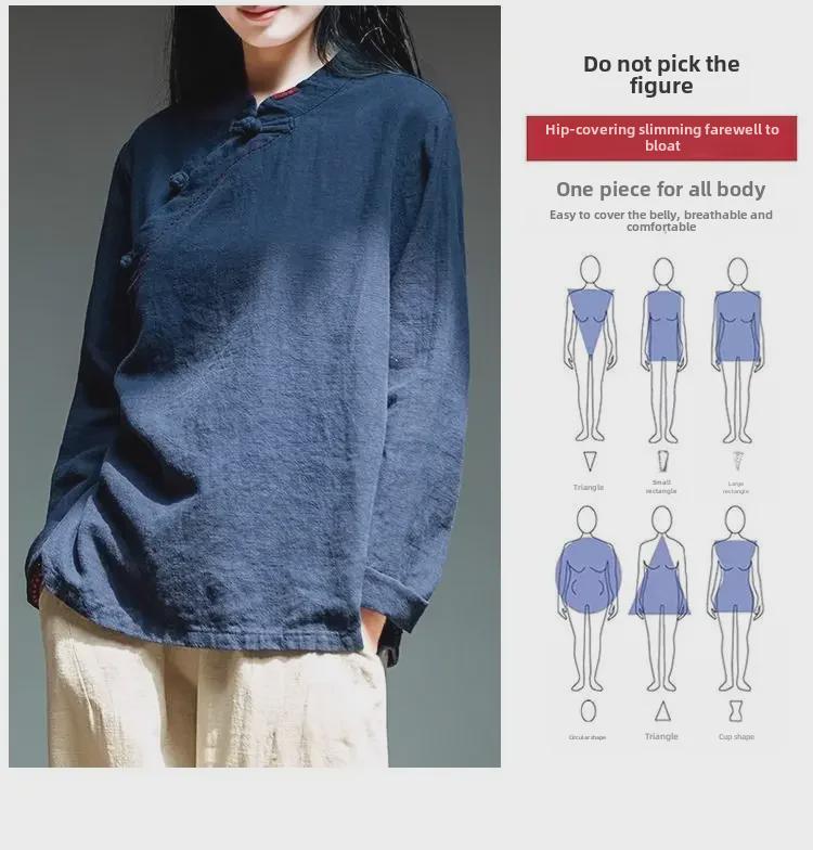 Damska bluzka z bawełny i lnu w stylu retro z długim rękawem: Wiosna/Lato, Krój Slim Fit, Stójka/Asymetryczny Kołnierz