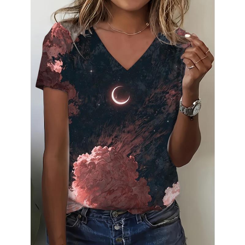 Women s elegant V-neck T-shirt, night sky 3D printing - pink cherry blossom and star design. 4XL