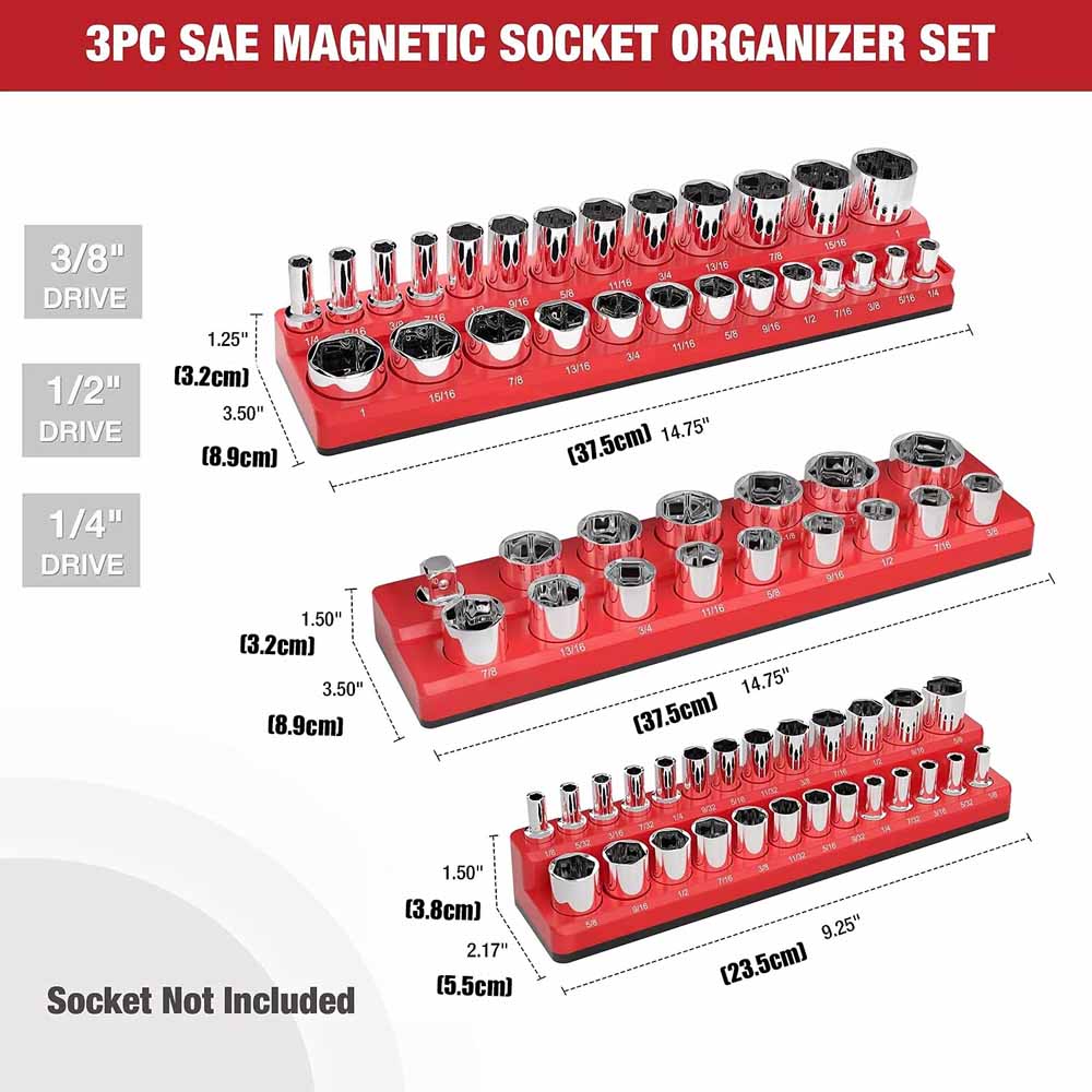 Professional 3Pieces Magnetic Socket Holder 1/4" 3/8" 1/2" Inch Drive Metric/SAE Socket Organizer Storage Installation Tools Kit