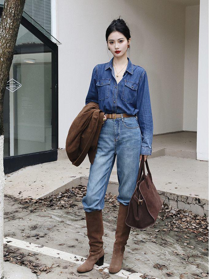 Women's Retro Hong Kong Style Washed Denim Long Sleeve Shirt - Autumn/Winter Korean Design Layering Outerwear