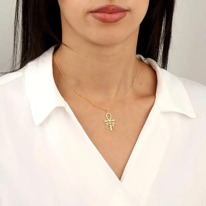 14K Gold Plated Pendant Necklace Ancient Egypt Egyptian Ankh Eternal Life Cross Eye Horus Key Life Amulet Talisman Protect Health Jewelry Charming