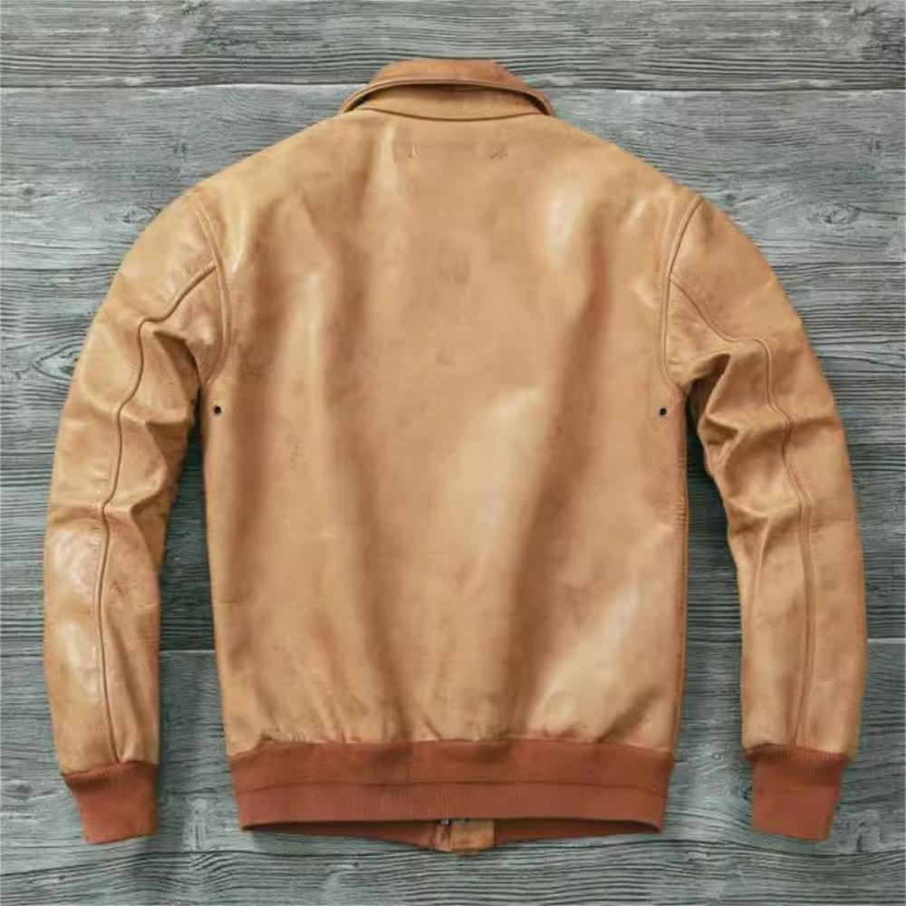 Čínská velikost Klasická letecká bunda A2 Pilotní bunda Vintage Špinavě žlutá Voskovaná hovězí kůže Bunda z pravé kůže Muži Letecké bundy Pánské kabáty