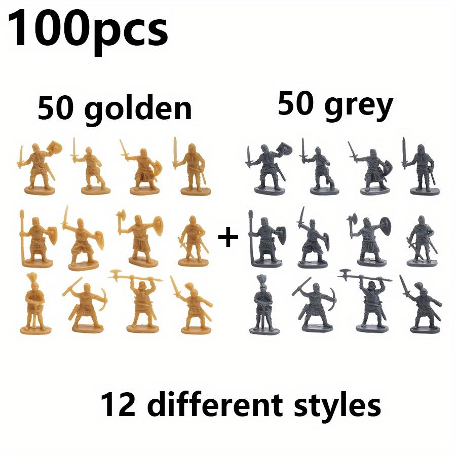 

100pcs Grey and Golden Mini Medieval Soldier Figurines - 12 Styles Detailed Miniature Soldiers for Diorama Tabletop RPG War JXB