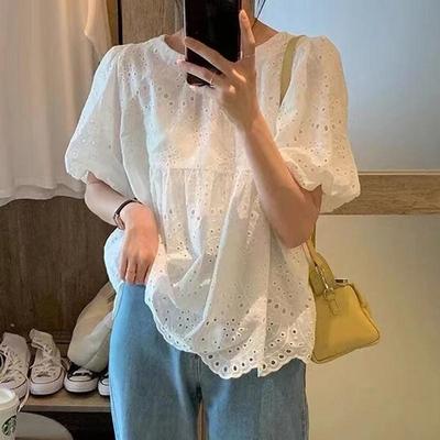 Women Summer French Style Embroidery Hollow Out Shirt White Lace Blouse for Short Puff Sleeve Tops Round Collar