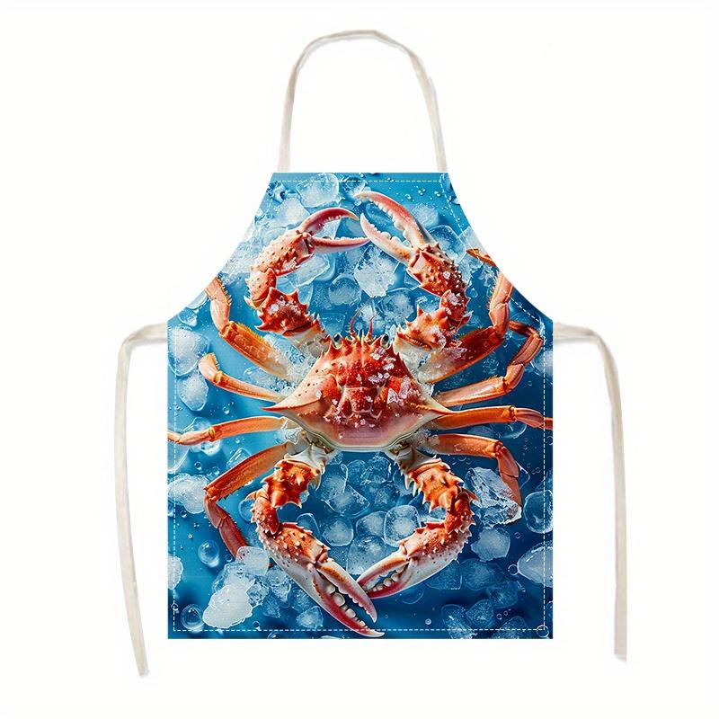 1pc Linen Apron Realistic Crab On Ice Seafood Lover Gift Kitchen Cooking BBQ Party Chef Accessory for Men Women