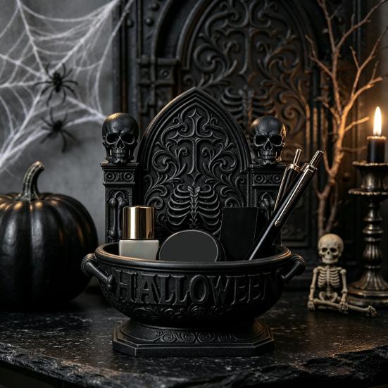 DIY Plain Style Craft Basin Halloween Gothic Cathedral Candy Bowl, 3D Printed Spooky Dark Storage Art Ornament Dish, Desktop Snack Serving Tray
