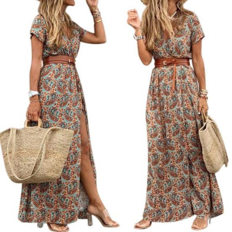 Swirl Print Bohemian Womens Dress with Large Ruffles Short Sleeves Furrow Ruffles and Work Belt
