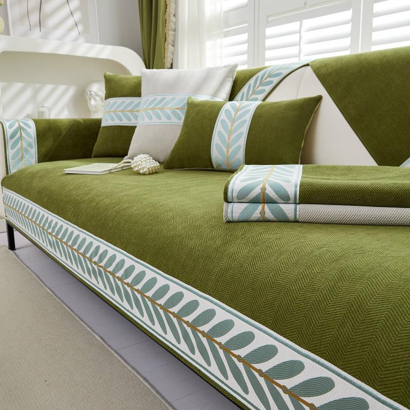Herringbone Pattern Chenille Leaf Edge Splicing Sofa Cover Non-slip Couch Cover Living Room Sofa Backrest Armrest Protector Mat