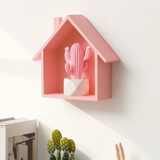Wood House Wall Display Shelf, Wall Mounted Decorative Floating Shelf, Small Toys Dolls Organizer for Entryway, Living Room, Nursery