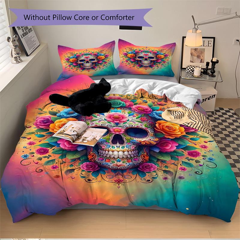 3PCs Sugar Skull Artwork Design Cover Set, Breathable Fabric, Machine Washable (1 Duvet Cover + 2 Pillowcases) (Without Quilt) Yy250911079