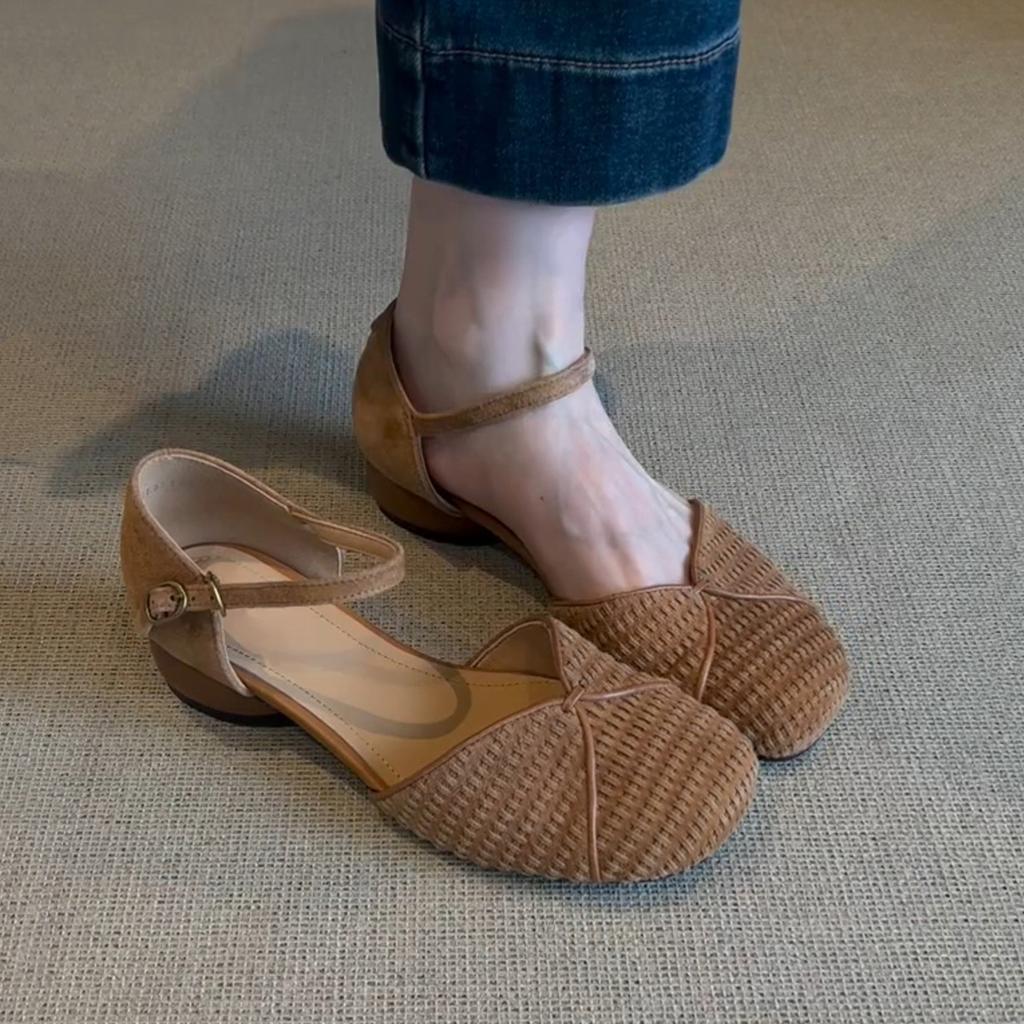 Sheepskin Version~ Retro Cute Bag Head Shoes Women's Summer Low Heel Leather Round Head Bohemian Style Word with Sandals