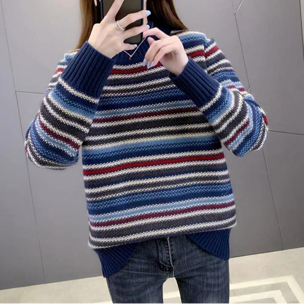 Half Turtleneck Sweater Women's Autumn and Winter Retro Pullover Versatile Long-sleeved Loose Striped Knitwear