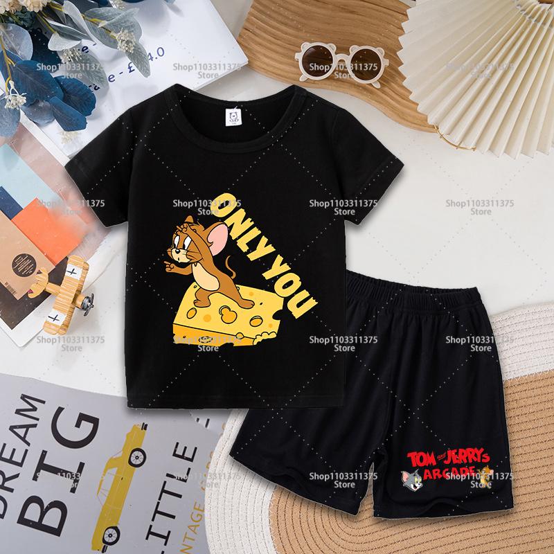 Tom and Jerry T-shirt Shorts Set Cute Cartoon Printed Casual Wear Fashion Summer Boys Girls Clothes Birthday Gift Tops Sportwear