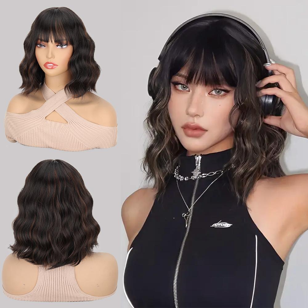 Synthetic Wavy Wig With Bangs Shoulder Length Wigs With Natural Wavy Heat Resistant Fiber Wig For Women Daily Use