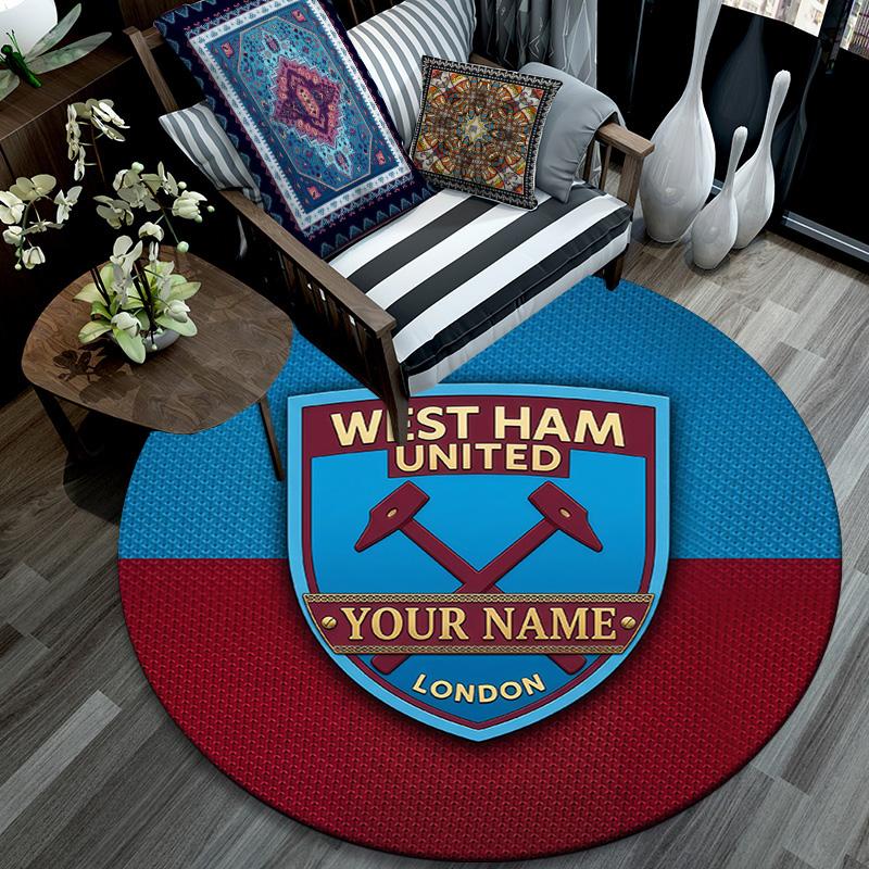Custom Name West Ham United Round Area Rug,Carpet Rug for Living Room Bedroom Sofa Playroom Decor,Non-slip Floor Mat