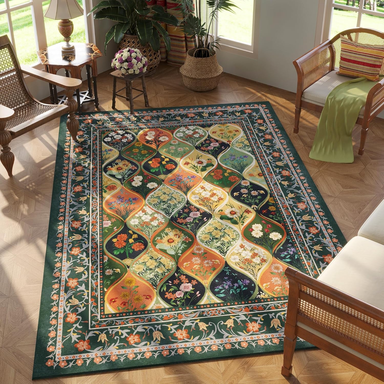 

Bohemian Carpet Geometric Flower Bedroom Rug Machine Washable Retro Home Decor Non Slip Mat for Entry Living Room Bedroom Etc 40X60CM