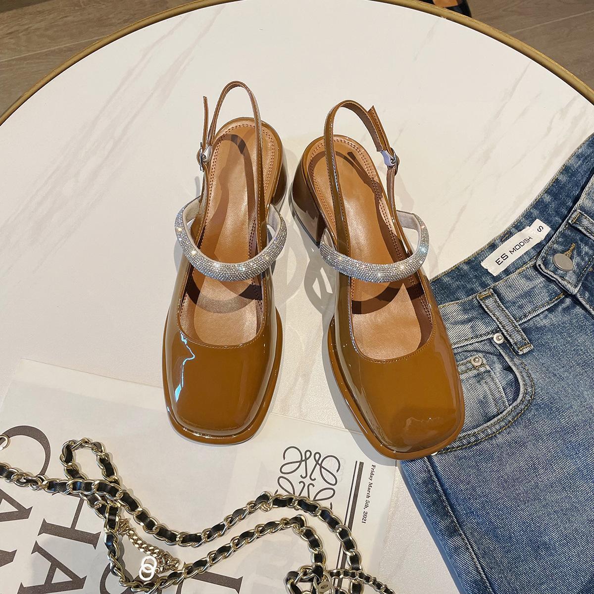 

Flash diamond belt square head rear empty buckle Mary Jane thick heel bag head high heel sandals women s summer 40
