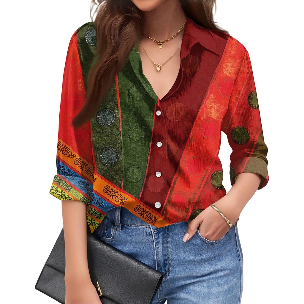 Women's Fashionable Casual Loose Geometric Patchwork Print Long-sleeved Shirt