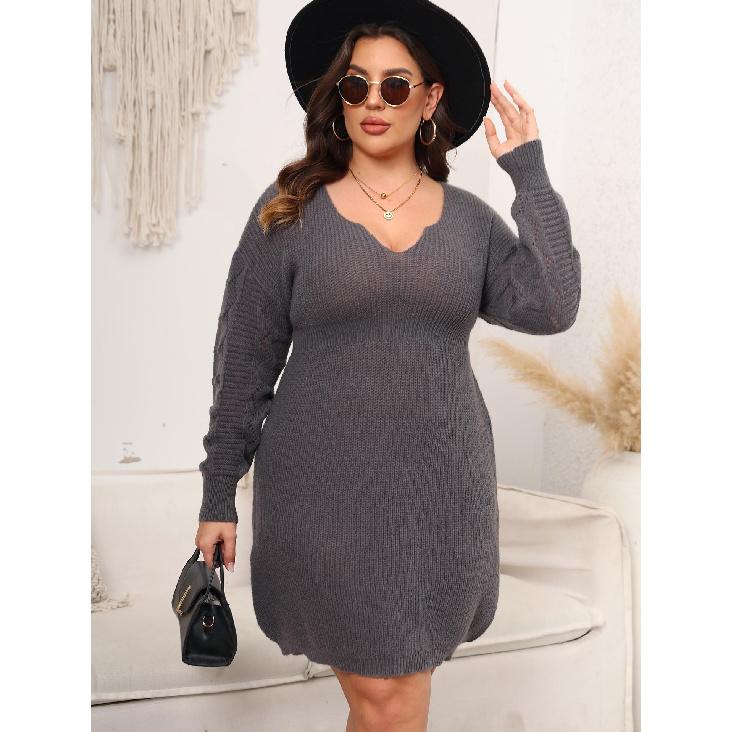 

Women s Autumn Winter New V-neck Knitted Sweater Dress Waist-cinching Base Dress Women s Dress 3XL сірий колір