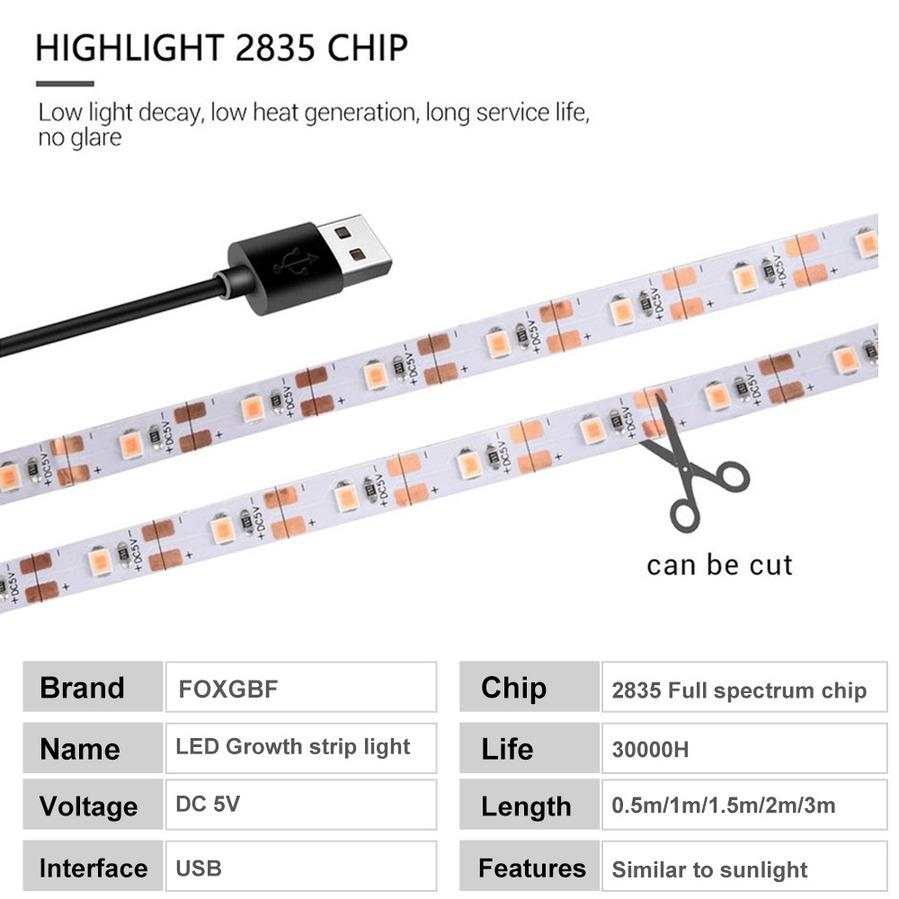 DC USB 5v Indoor Plant Grow Light Strip 1M 2M 3M Flower Seed Growth Lamp LED Full Spectrum Seedling Fito Lights USB Hydroponics