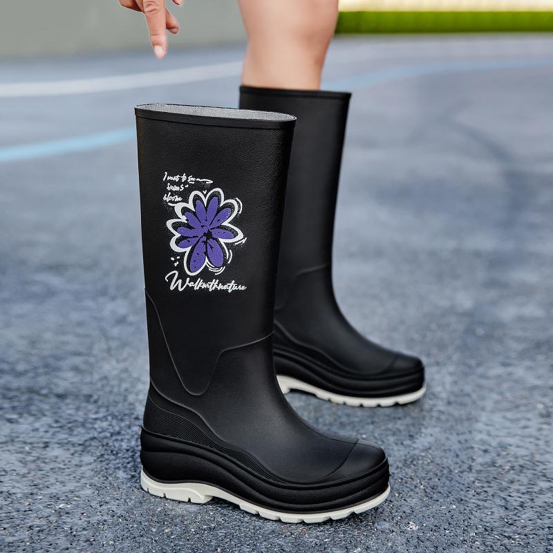 Women's rain shoes platform long tube non-slip waterproof high tube rain boots fleece wear-resistant rubber shoes kitchen outdoor work