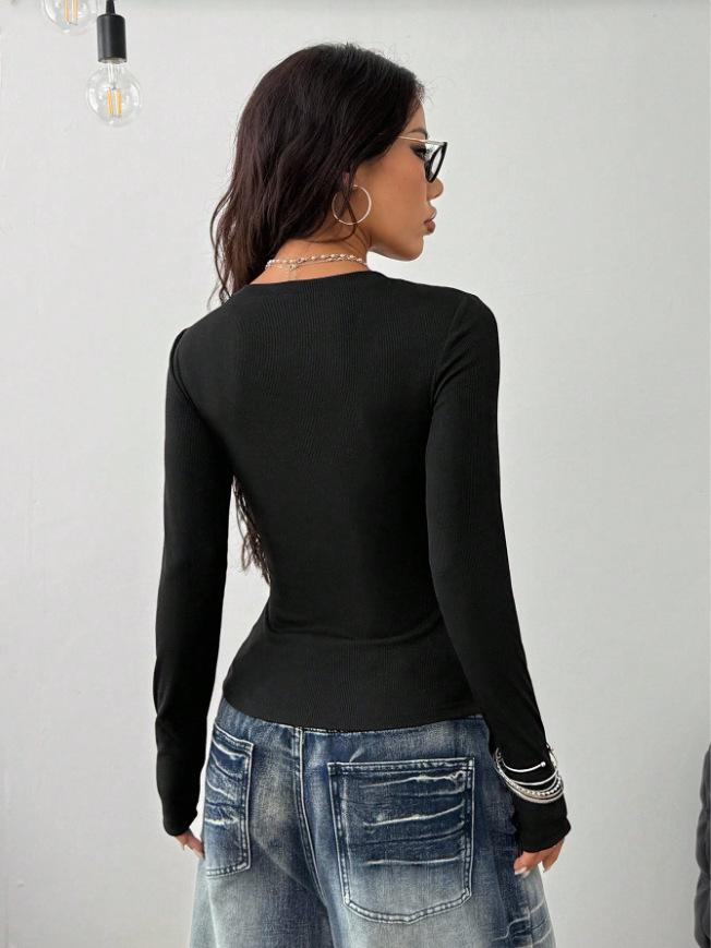 2025 Autumn European & American Style: Spicy Girl Sexy V-Neck Printed Long Sleeve Women's T-shirt