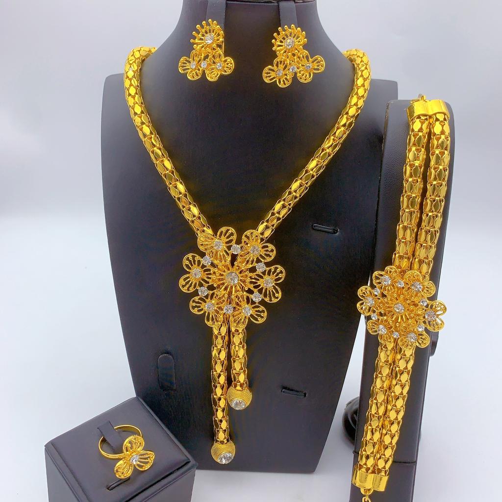 New 24K Gold Plated Fashion Necklace Set Women's Banquet Dress Accessories Necklace Earrings Bracelet Ring Jewelry