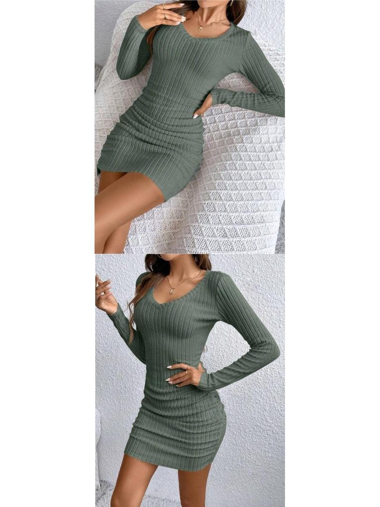 2026 European & American Slim-Fit Ribbed V-Neck Long-Sleeved Hip-Hugging Dress for Spring & Autumn