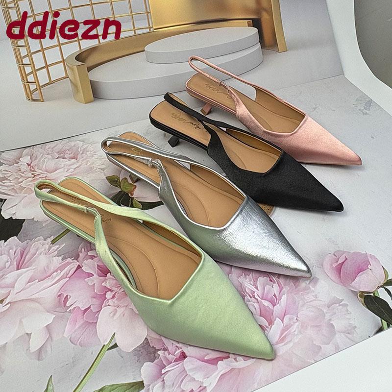 Fashion Fashion Pointed Toe Ladies Pumps Heels Shoes Shallow Female Slip On Footwear Silk Women Medium Heels Shoes Sandals 2025 New