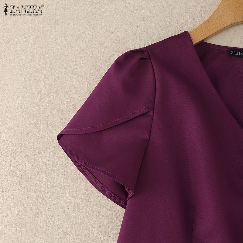 ZANZEA Women Casual V-Neck Solid Color Short Sleeve Blouse