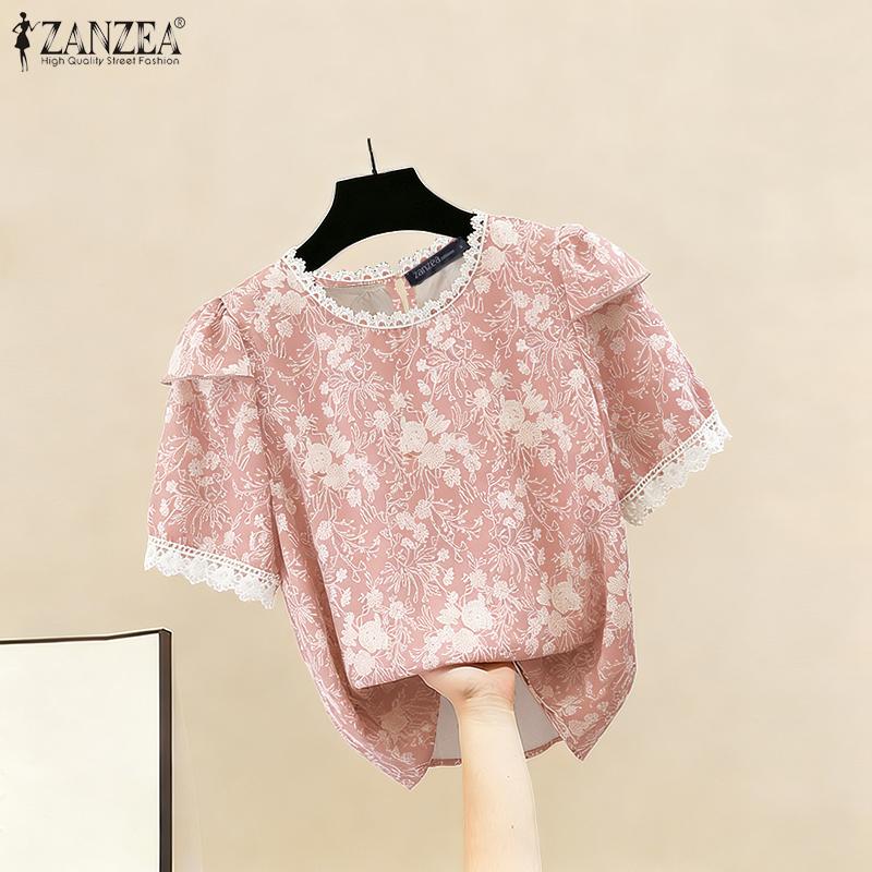 ZANZEA Women Casual Round Neck Summer Short Sleeve Print Blouse