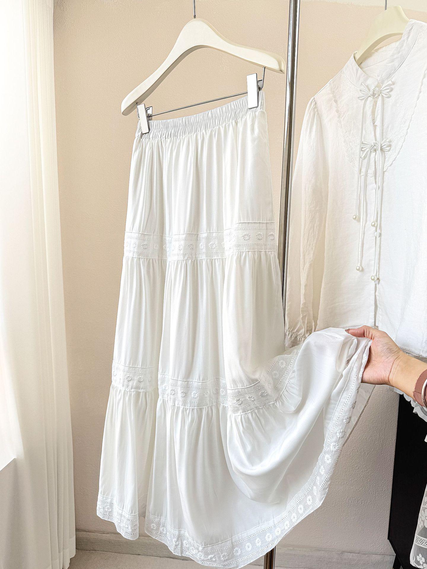 Korean Floral Embroidered Lace-Trimmed Long Umbrella Skirt - Spring/Summer 2026 One Size белый