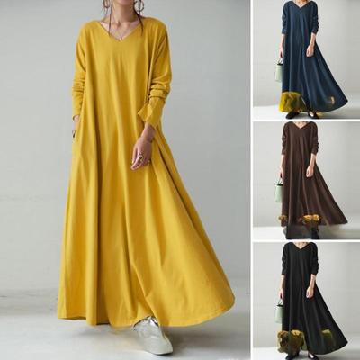 Women's V Neck Long Sleeve Maxi Dress Oversized Fit Solid Casual Loose Cotton Blend Long Dress