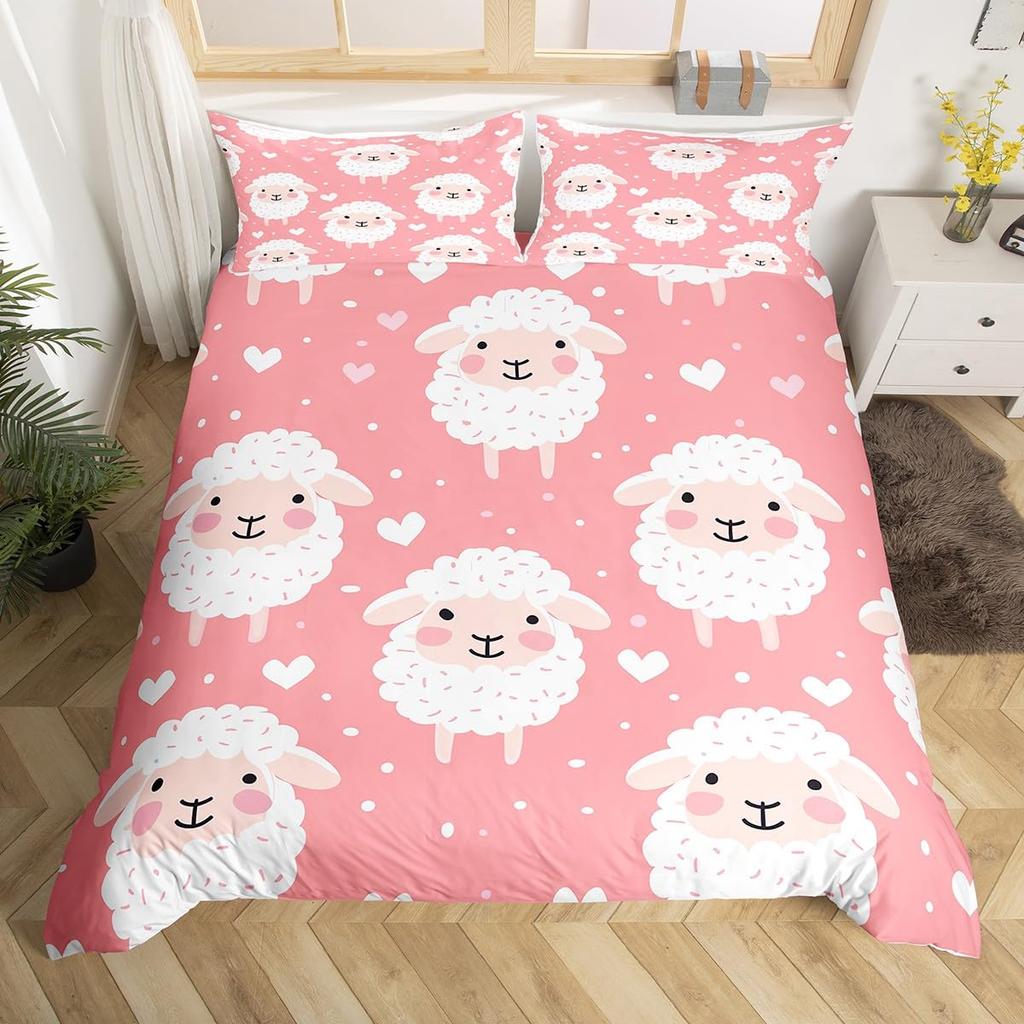 Cute Sheep Bedding Set Cartoon Animal Comforter Cover for Kids Flower Floral Print Duvet Cover Farm Zoo Garden Theme Quilt Cover