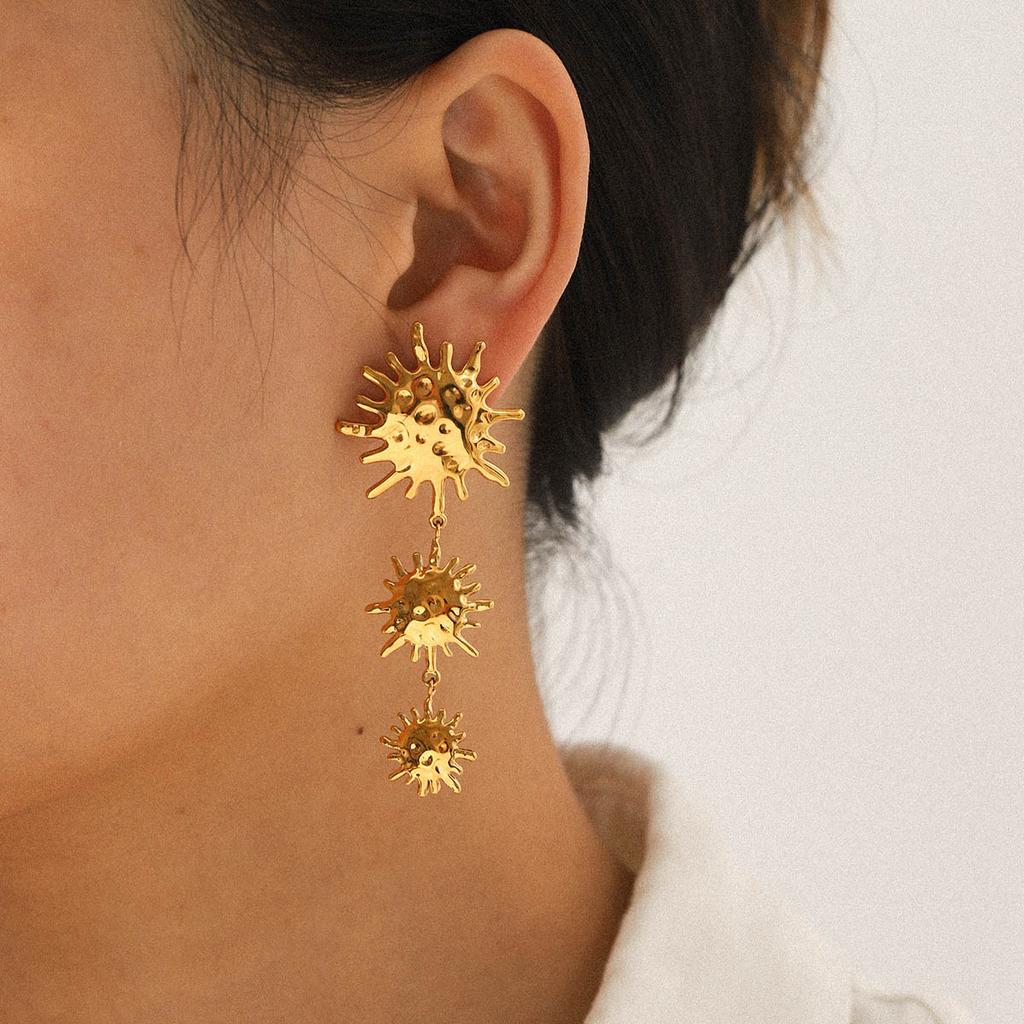 18k Gold Stainless Steel Hammered Sun Pendant Earrings, Stylish Drop Earrings, High-end Light Luxury Jewelry