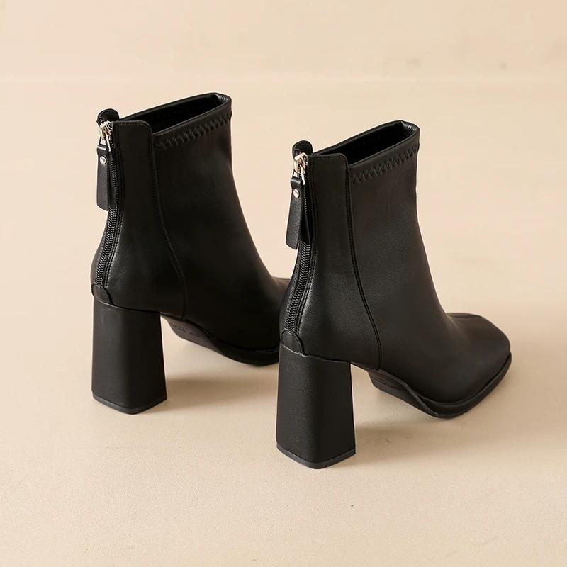 Bazk Zipper Dec Women Ankle Boots 8cm High Heels Sexy Stretch Boots Elegant Sewing Short Plush Warm Winter Woman Shoes