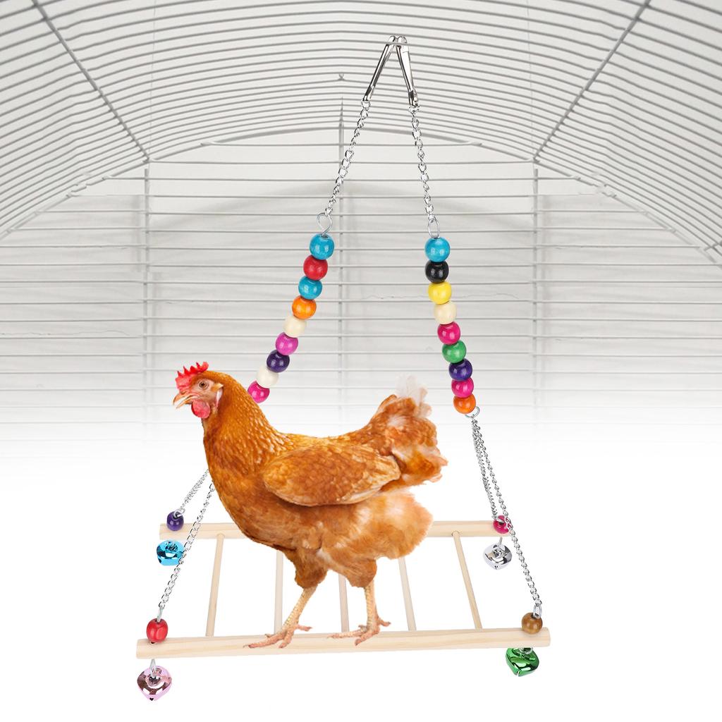 Bird Natural Wooden Chicken Swing Ladder Stand Toys Colourful Beads Chewing Biting Playing