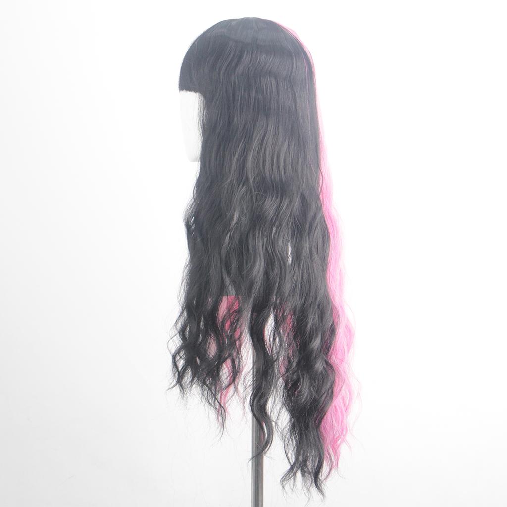 Women's Black Pink Mixed Color High-Quality Synthetic Long Curly Hair Wig with Fashionable Qi Bangs for Party Wear